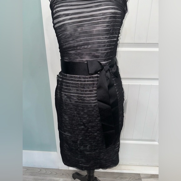 Tadashi Shoji Black/White Pleated Layered Mesh strapless tie waist dress size 8 - Picture 7 of 12